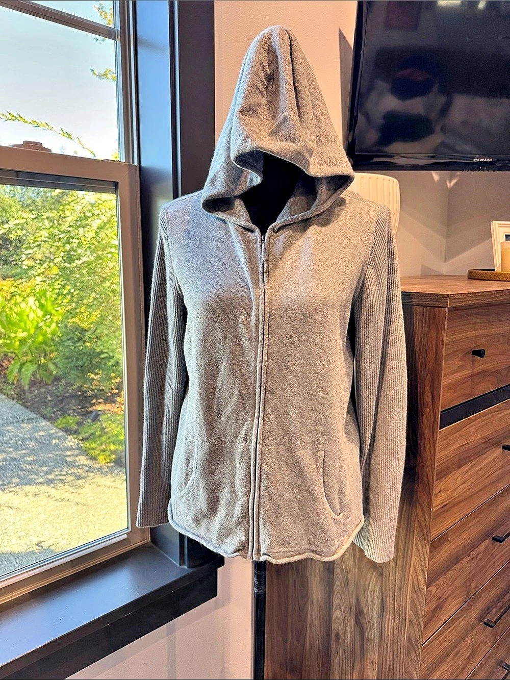 Eileen Fisher Hooded Full-Zip Jacket in Gray Size Medium